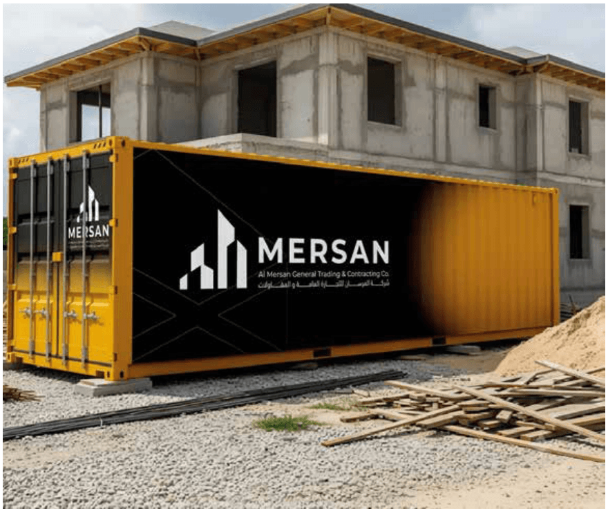 An ALMERSAN-branded shipping container at a construction site, in front of an unfinished concrete building